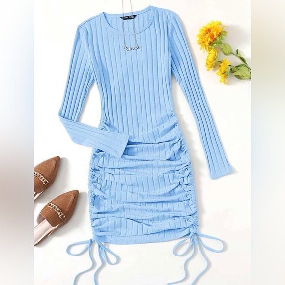 Drawstring Ruched Baby Blue Dress - Picture 1 of 5